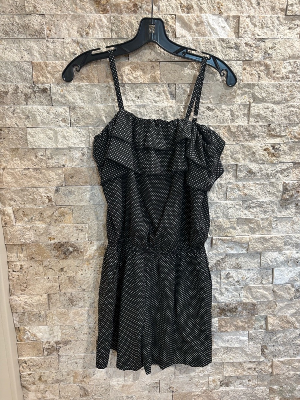 Molly Bracken Black Polka Dot Romper with Ruffle Trim size S